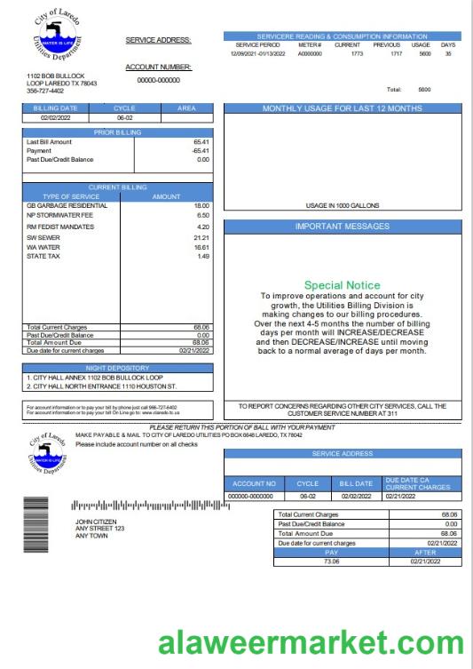 USA Texas City of Laredo Utilities Department water utility bill template in Word and PDF format